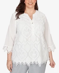 Alfred Dunner Plus Al Fresco Lace Cut Out Front Henley Top
