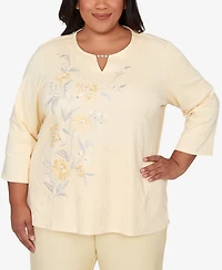 Alfred Dunner Plus Al Fresco Asymmetrical Floral Embroidered Textured Top