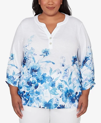 Alfred Dunner Plus Mykonos Watercolor Floral Border Henley Top