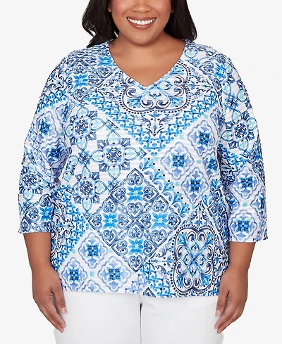 Alfred Dunner Plus Mykonos Aegean Tile V-Neck Top