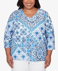 Alfred Dunner Plus Mykonos Aegean Tile V-Neck Top