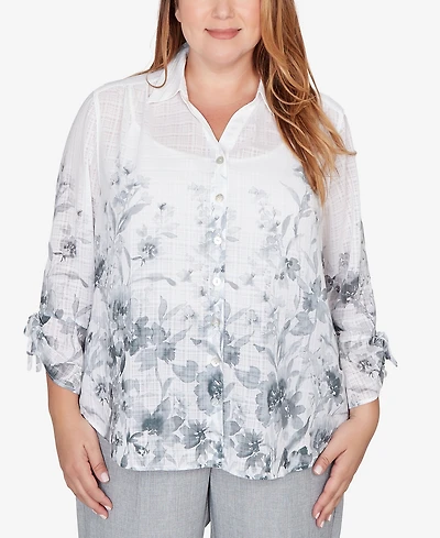 Alfred Dunner Plus Al Fresco Collared Watercolor Print Button front closure Top