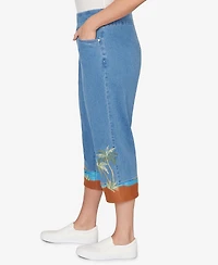 Alfred Dunner Plus Beachcomber Beach Embroidered Cuff Super Stretch Denim Capri Pants