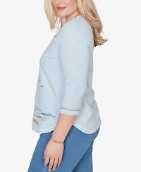 Alfred Dunner Plus Beachcomber Scenic Palm Tree Embroidered Top