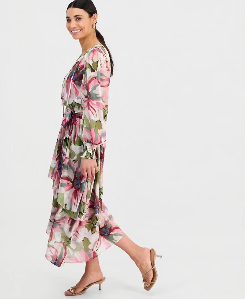 I.n.c. International Concepts Petite Bubble-Sleeve Tie-Waist Tiered Dress, Created for Macy's