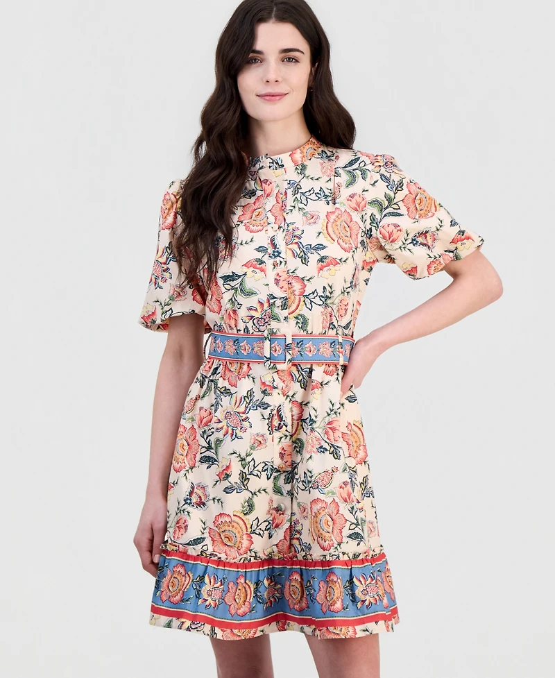 Sam Edelman Women's Poplin Short-Sleeve Belted Border-Print Mini Dress