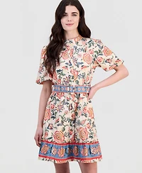 Sam Edelman Women's Poplin Short-Sleeve Belted Border-Print Mini Dress