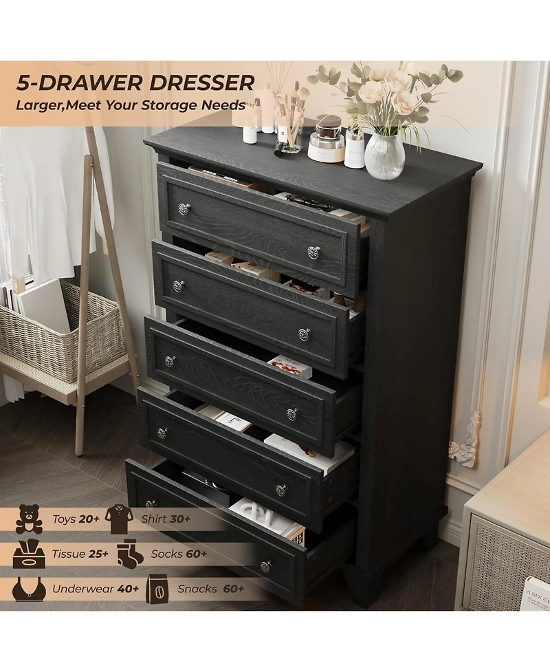 gaomon Dresser for Bedroom, 48" Tall 5-Drawer Chest of Drawers, Vintage Wooden Storage Closet, Living Room, or Hallway