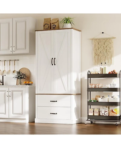 gaomon Kitchen Pantry Cabinet with 2 Drawers, Farmhouse Tall Storage Cabinet, Wood Food Pantry with Barn Doors and Adjustable Shelves Versatile