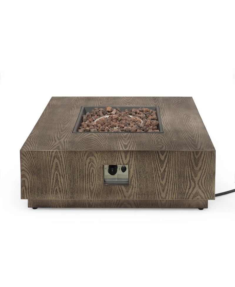 Flynama Wellington Square Iron Fire Pit with Wood Pattern 50000 Btu Tank Outside