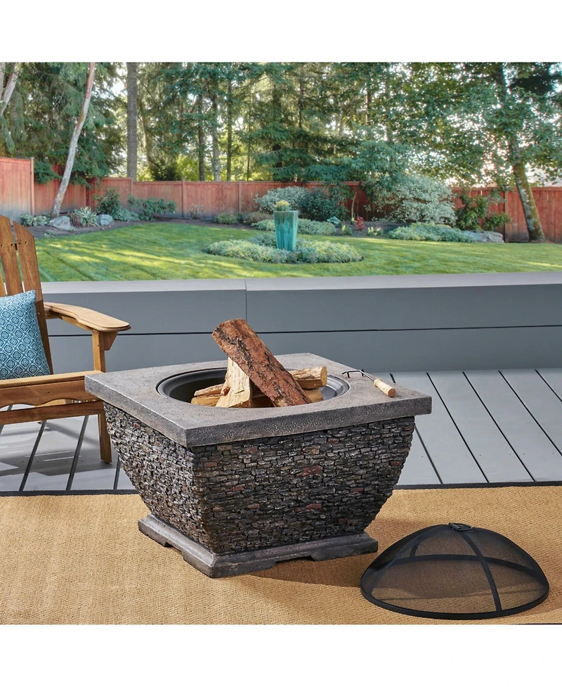 Flynama 32 Inch MgO Light-Weight Concrete Wood Burning Square Fire Pit Grey for Outdoor Patio Backyard