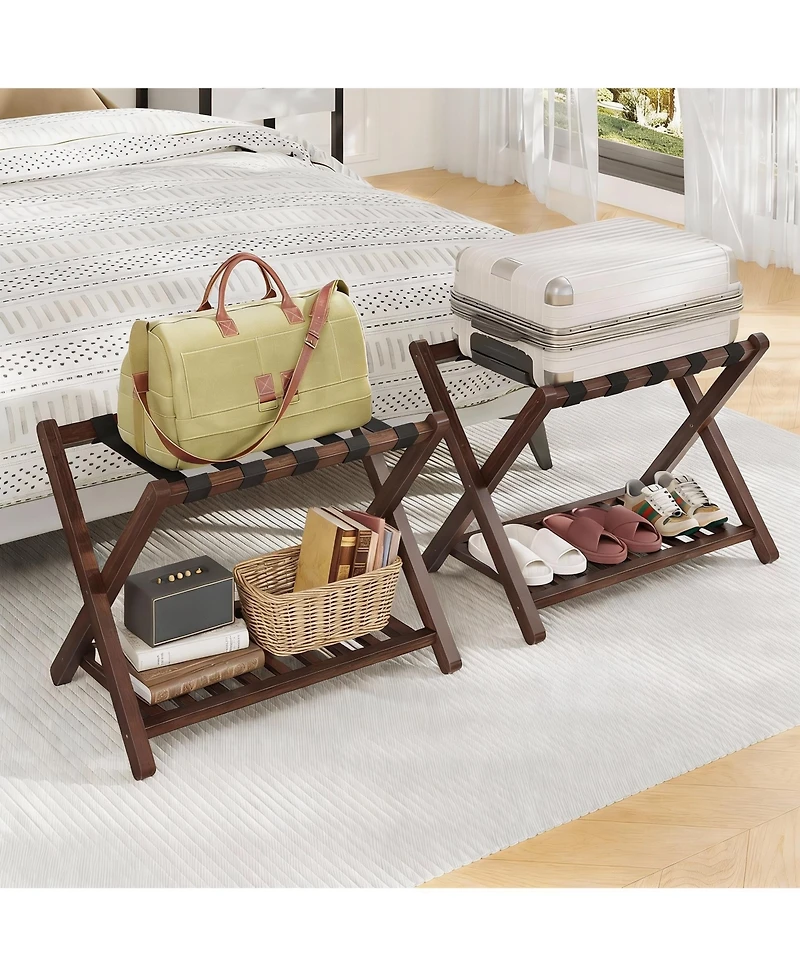 Yigii Bamboo Suitcase Stands Set of 2 with Nylon Strap Support for Guest Room