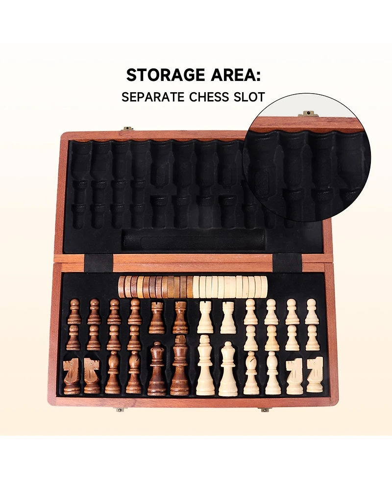 Gse Games & Sports Expert 15" Large Wooden Folding 2-in-1 Chess and Checkers Board Game Set with Chess Storage Slots Drawer