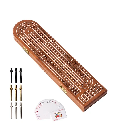 Gse Games & Sports Expert 3-Track Wooden Cribbage Board Game with Playing Cards, Metal Pegs and Storage Area for Family Game