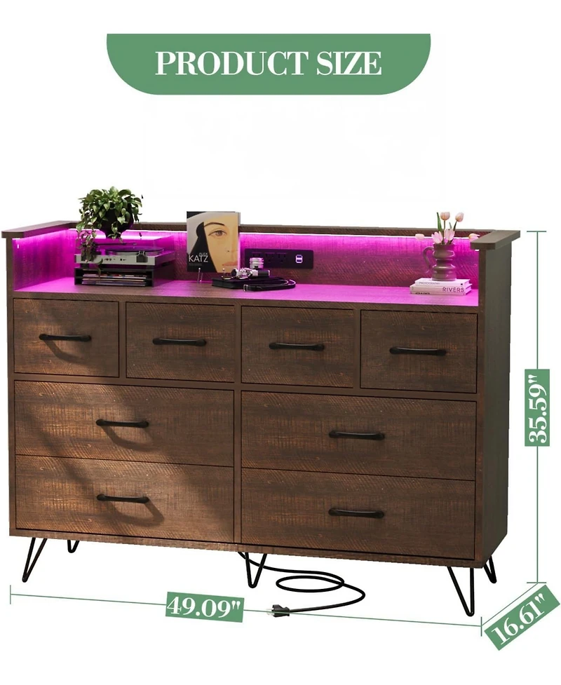 gaomon Dresser for Bedroom with Led Light & Charging Station, 8 Drawers Wooden Dressers Open Space, Modern Chest of Wide Living Room