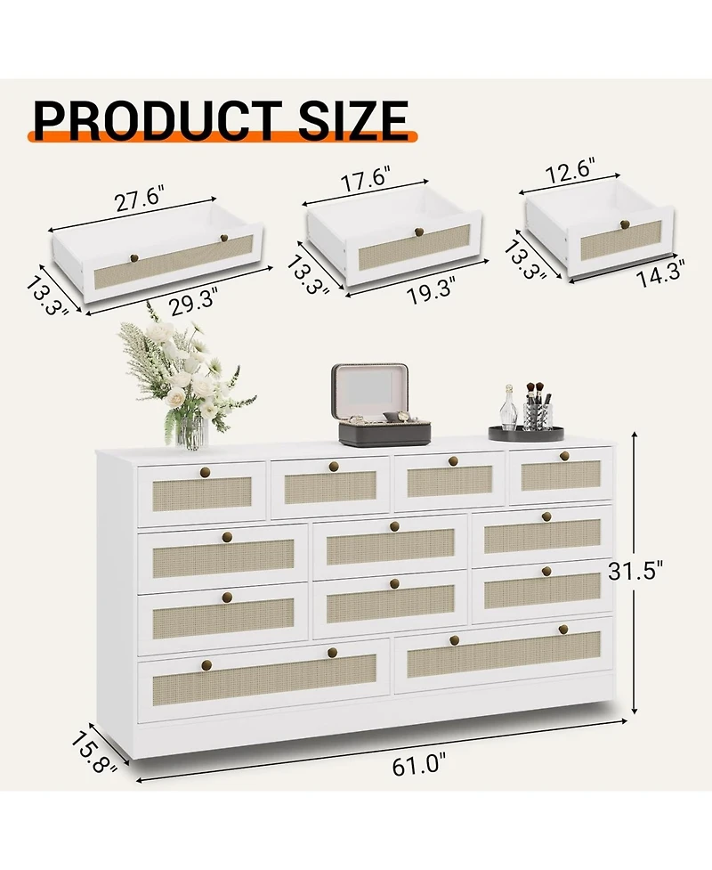 gaomon 12 Drawer Wood Dressers for Bedroom, Wooden Adult Modern Tv Stand Dresser 65 inch Tv, 61'' Wide Chest of Drawers