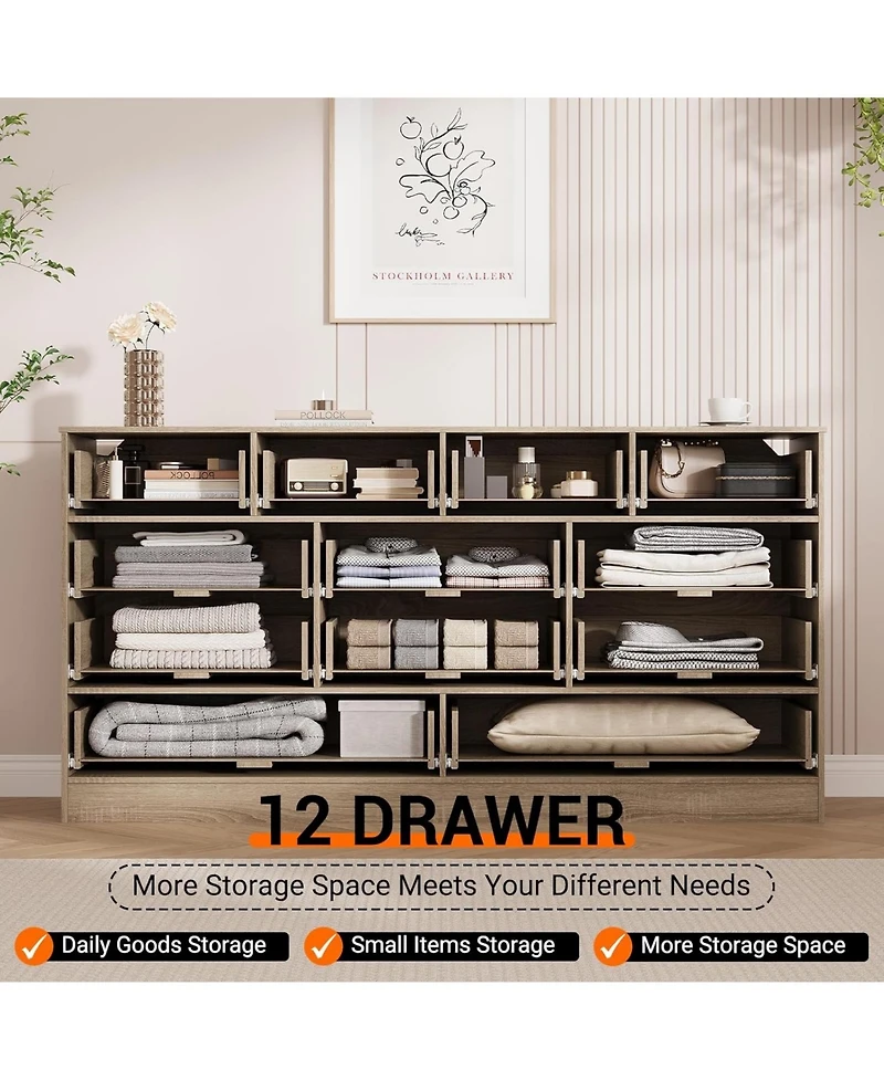 gaomon 12 Drawer Wood Dressers for Bedroom, Wooden Adult Modern Tv Stand Dresser 65 inch Tv, 61'' Wide Chest of Drawers