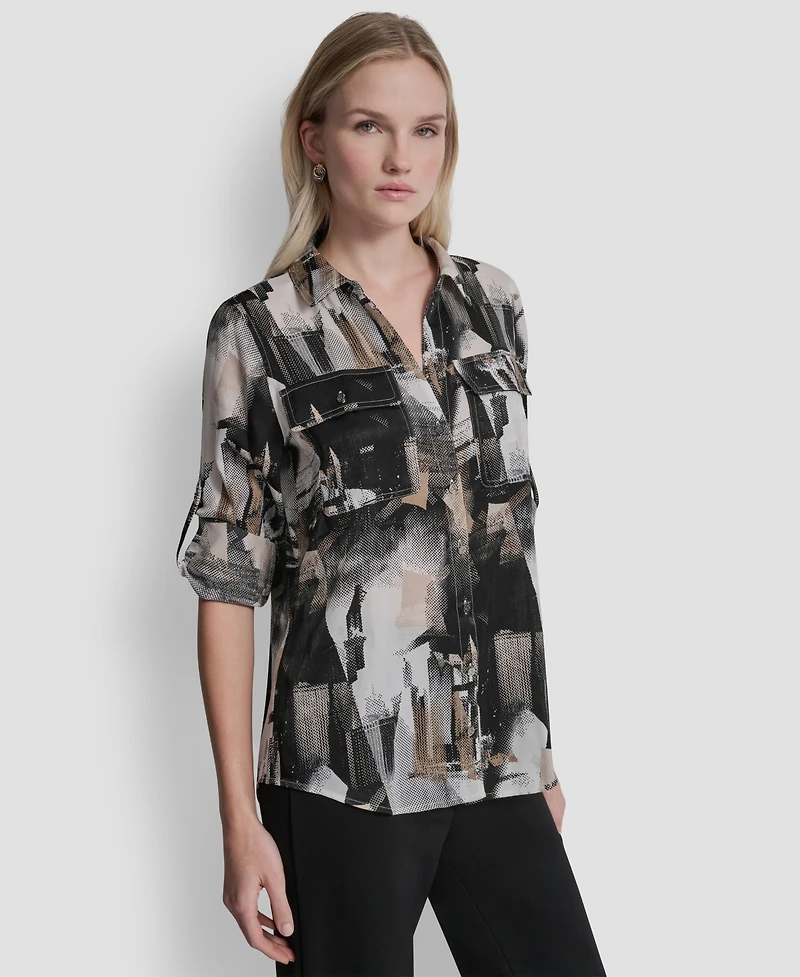 Dkny Women's Printed Roll-Tab Shirt