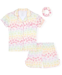 Max & Olivia Girls' 6X-14 Multi Butterfly Print Top, Short Pants Scrunchie, 3-Piece Set