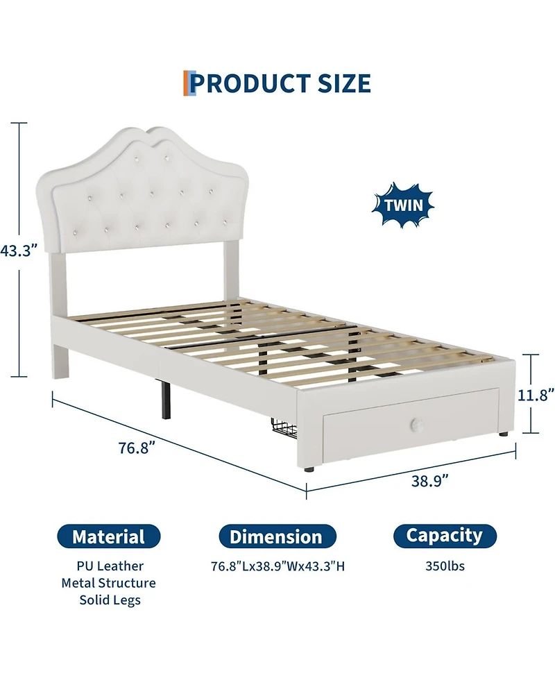 gaomon Twin Bed Frame with Led Lights & Velvet Crystal Button Headboard, Upholstered Platform Storage Drawer, Noise Free