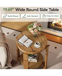 Tribesigns Solid Wood End Table, 2-Tier Round Sofa Side Table with Storage, Farmhouse Wooden Nightstand, Brown