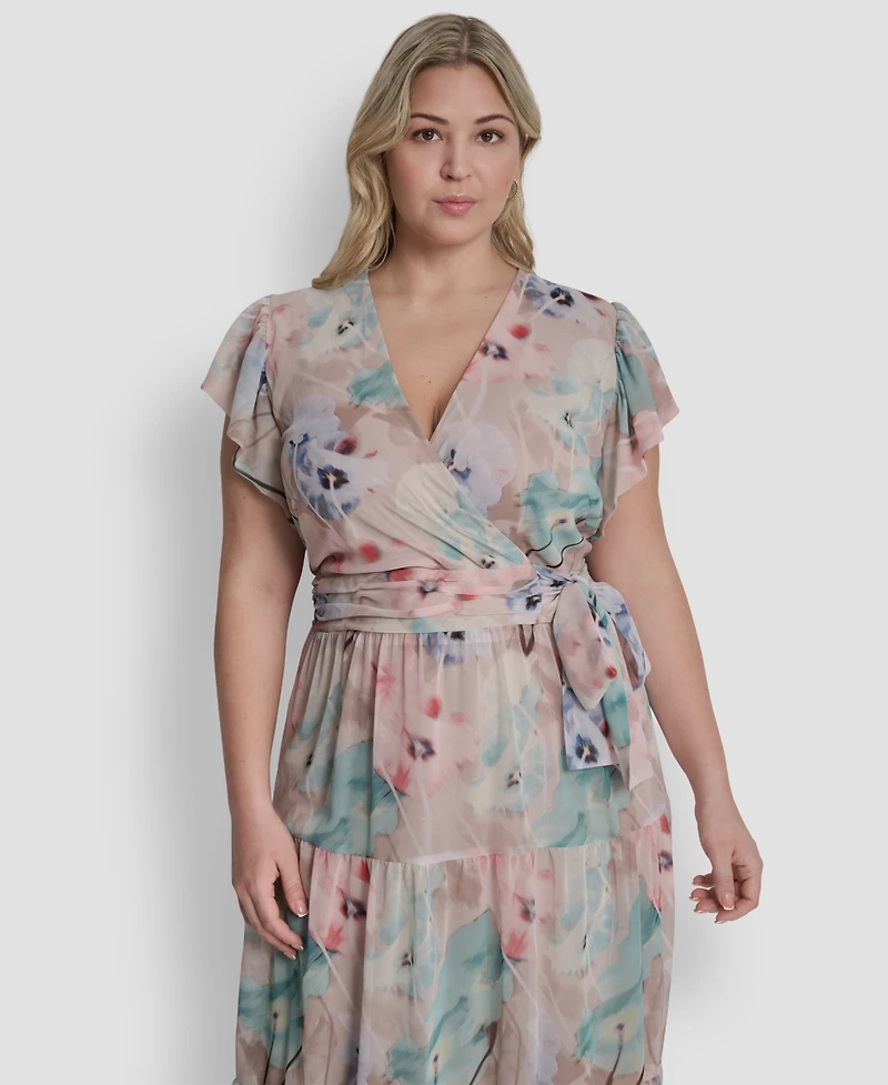 Dkny Plus Ruffle Short-Sleeve V-Neck Tie Waist Maxi Dress