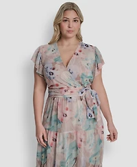 Dkny Plus Ruffle Short-Sleeve V-Neck Tie Waist Maxi Dress