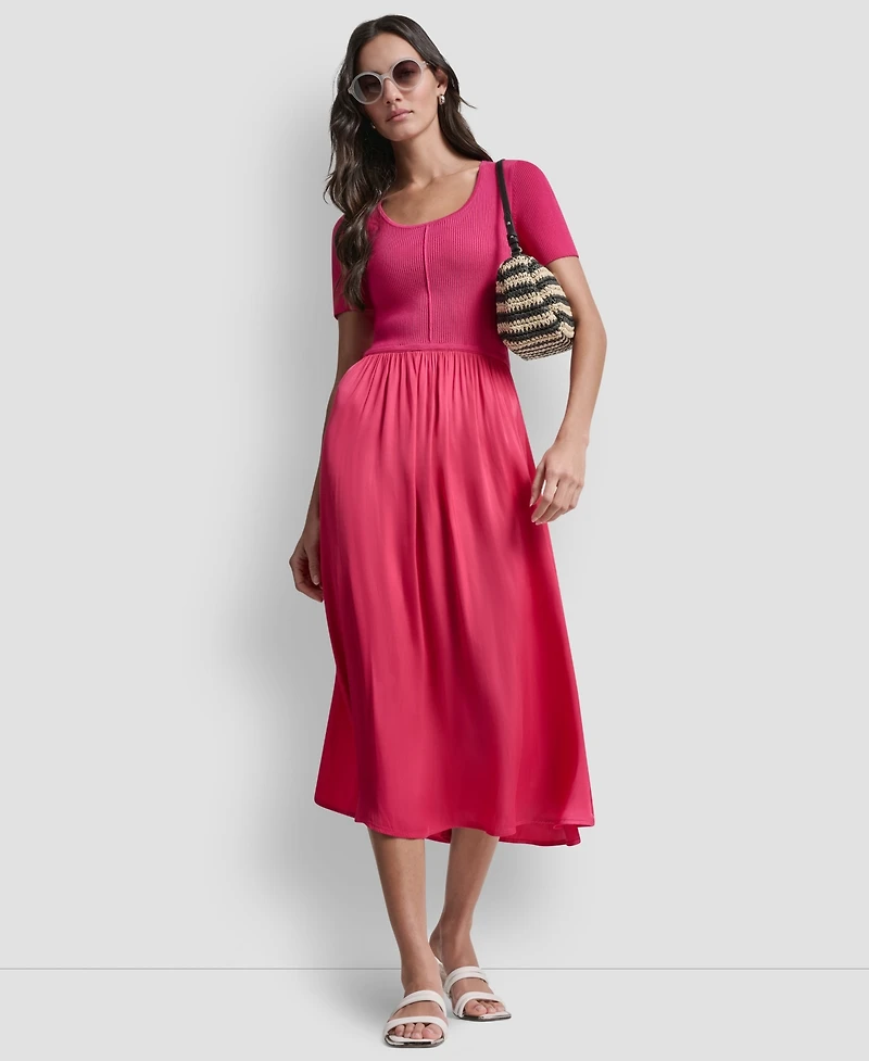 Dkny Women's Short-Sleeve Mixed Media Midi Sweater Dress