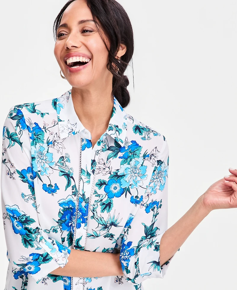 Jm Collection Women's Printed Rhinestone-Button Shirt, Macy's Exclusive