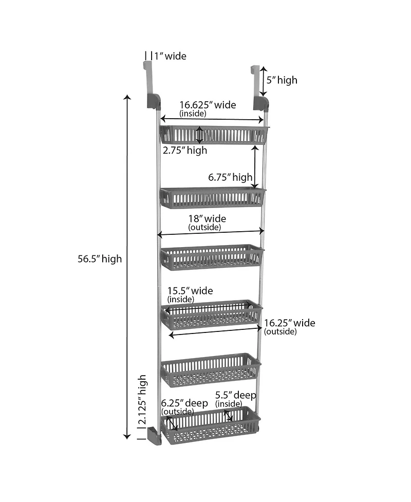 Household Essentials Over the Door Storage Rack, 6 Basket Door Organizer, Great for Use in Pantry as Spice Rack, Gray