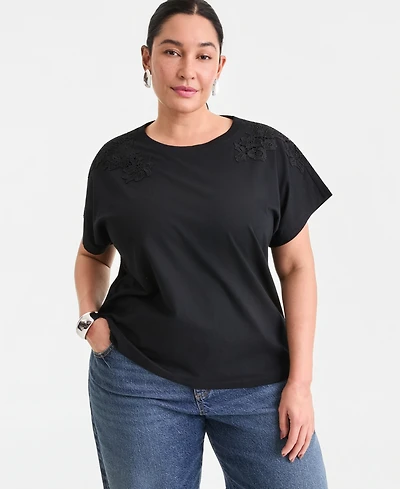 I.n.c. International Concepts Plus Short-Sleeve Lace-Shoulder Tee, Created for Macy's