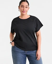 I.n.c. International Concepts Plus Short-Sleeve Lace-Shoulder Tee, Created for Macy's