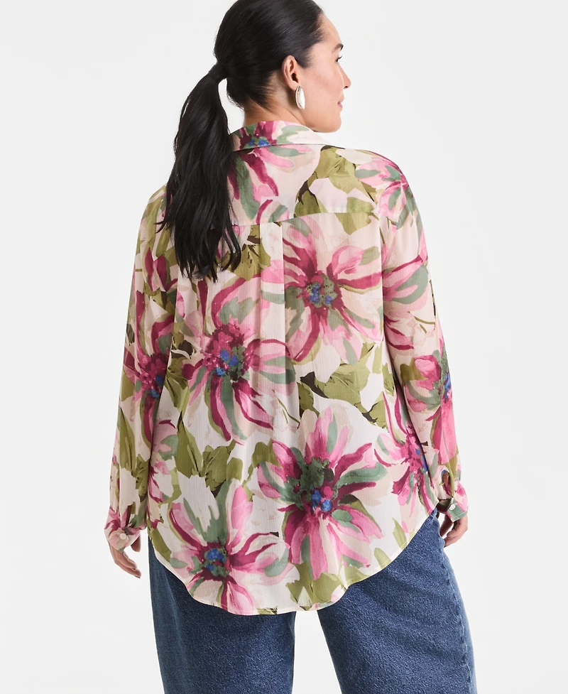 I.n.c. International Concepts Plus Printed Long-Sleeve Blouse, Created for Macy's