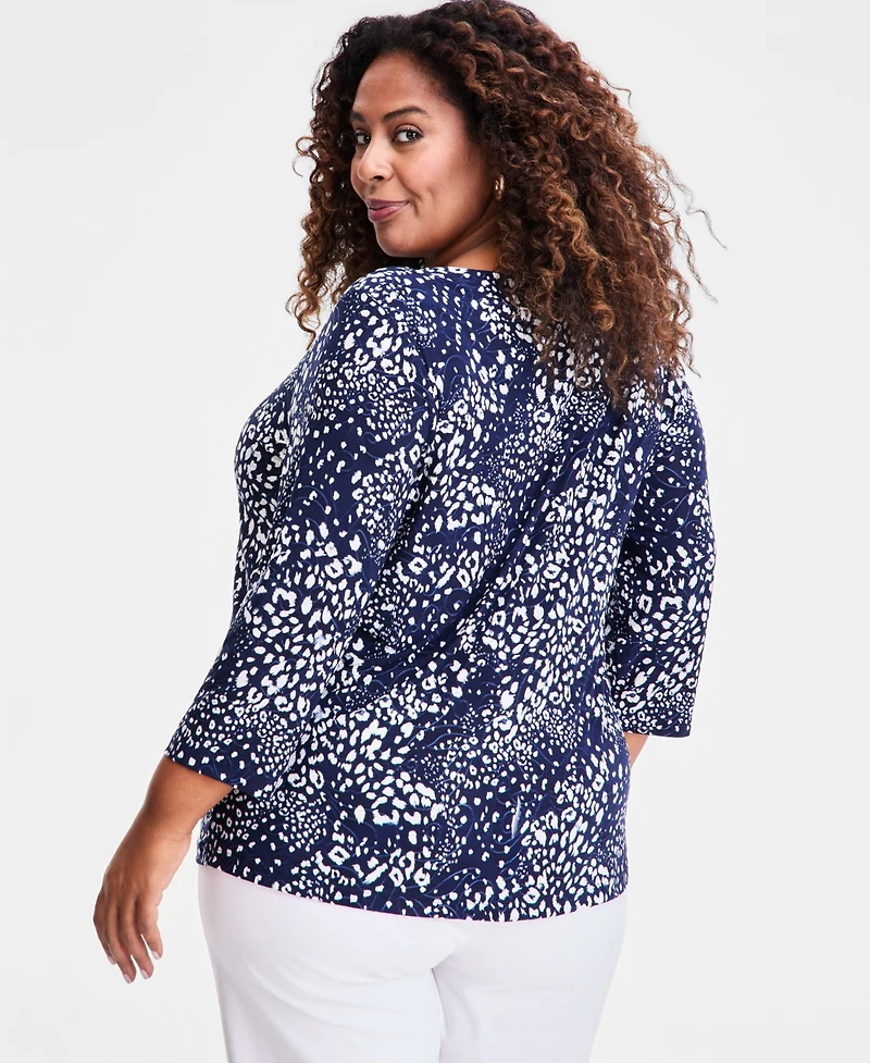 Jm Collection Plus Size Printed Jacquard 3/4-Sleeve Top, Macy's Exclusive
