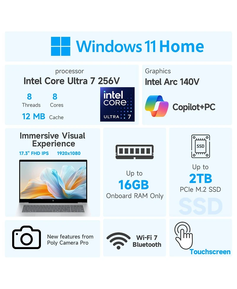 Hp OmniBook 7 17.3" Premium Traditional Laptop Intel Core Ultra 7 256V 16GB Ram Intel Arc 140V 512GB Ssd Storage Windows 11 Home Fhd 60Hz