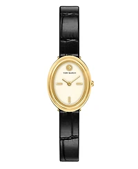 Tory Burch Women's The Oval Quartz Two-Hand Black Leather Watch, 22mm