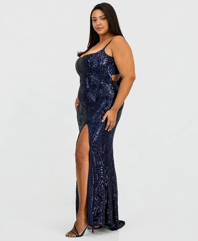 B Darlin Trendy Plus Patterned Sequined Back-Tie Gown