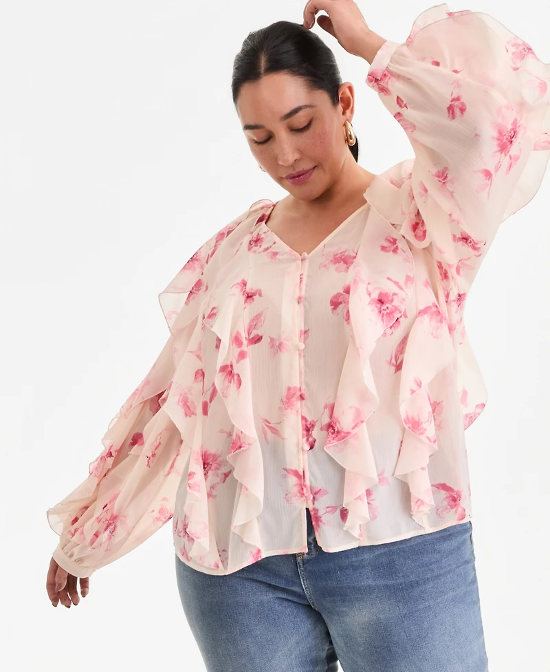 I.n.c. International Concepts Plus Printed V-Neck Ruffled Blouse, Created for Macy's
