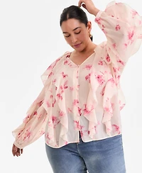 I.n.c. International Concepts Plus Printed V-Neck Ruffled Blouse, Created for Macy's