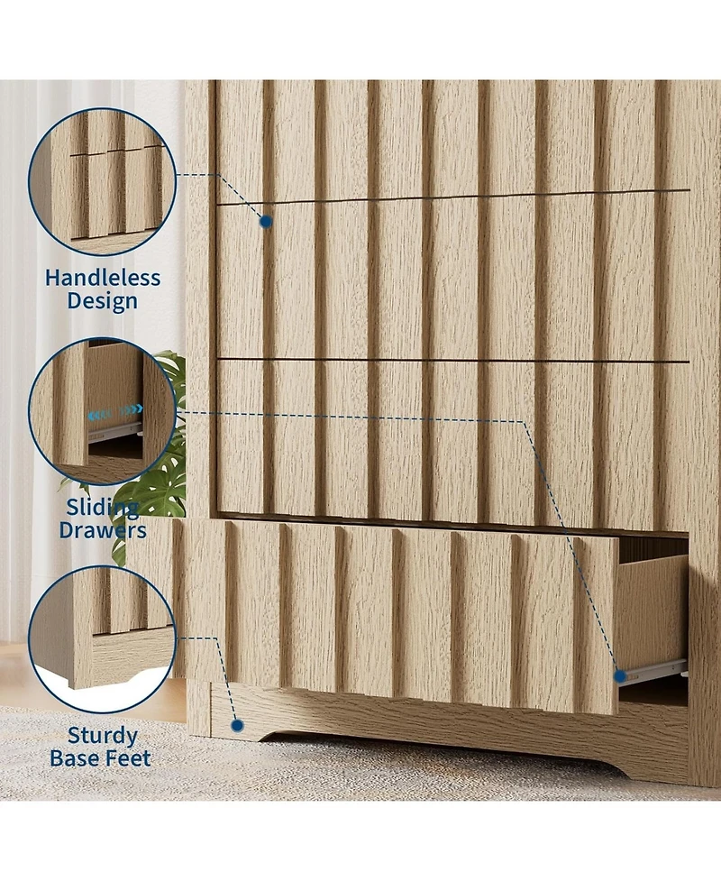 gaomon Fluted Dresser for Bedroom with 5 Drawers, 47.2'' Wide Modern Chest of Drawers with Curved Profile, Natural Wooden Drawer Organizer for Bedroom