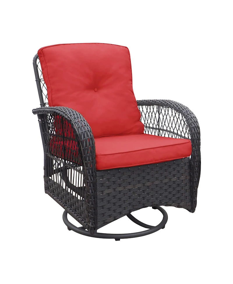 Flynama 3 Piece Outdoor Wicker Rocker Swivel Patio Bistro Conversation Set with Glass Top Side Table Red