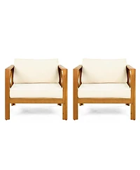 Flynama 2 Piece Outdoor Acacia Wood Conversation Set with Armchairs Cushions Teak Finish End Table for Backyard Patio Poolside