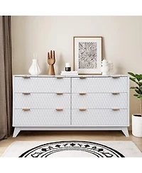 gaomon 54" Wide Drip Pattern 6 Drawers Dresser with Faux Marble Top, Bedroom Chest of Wood, Curved Profile Design