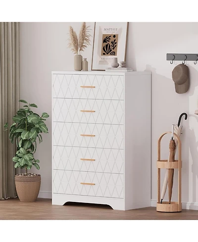 Gaomon 5 Drawer Tall Wood Dresser for Bedroom, Wooden Chest of Drawers with Gold Handles Closet, Modern Storage Cabinet