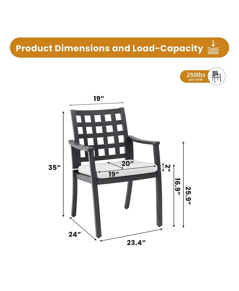 Flynama 2-Piece Modern Classic Cast Aluminum Outdoor Patio Dining Chairs Textured Ember Black Lattice Backrest Sunbrella Cushion Weather Resistant