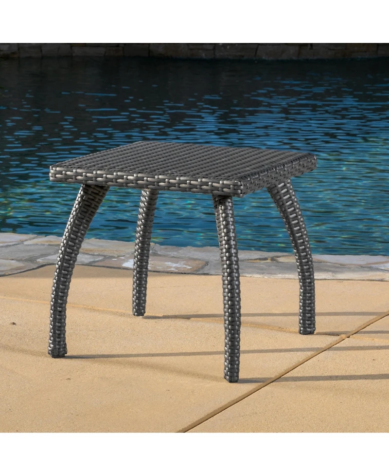Flynama Outdoor Faux Wicker Side Table Powder Coated Iron Frame Grey Accent Table for Patio Extra Holding Space