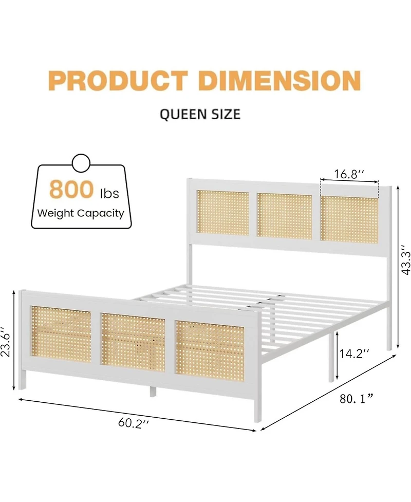 Gaomon Rattan Bed Frame with Headboard, Boho Full Size Bed Frame with Strong Metal Slats Support, No Box Spring Needed, Noise-Free Design