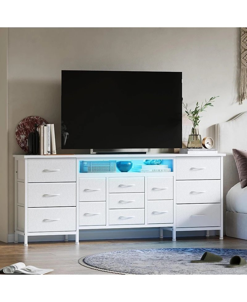 gaomon 70 Inch Long Dresser with 13 Drawers, Tv Stand for 65-80 Charging Station Led Lights, Fabric Storage Organizer Bedroom