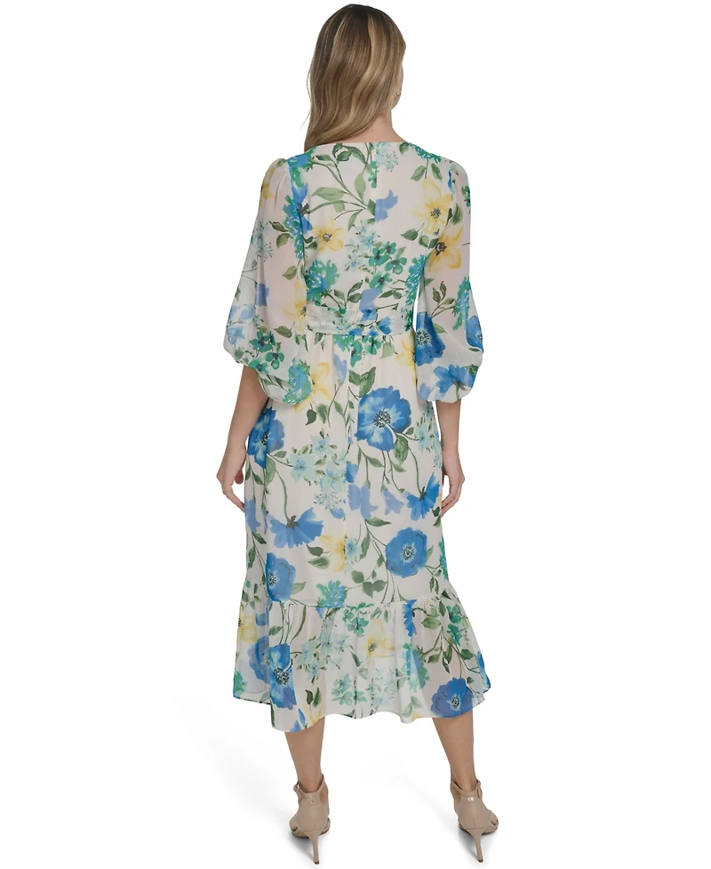 Jessica Howard Women's V-Neck Balloon Sleeve Surplice Tiered Midi Dress