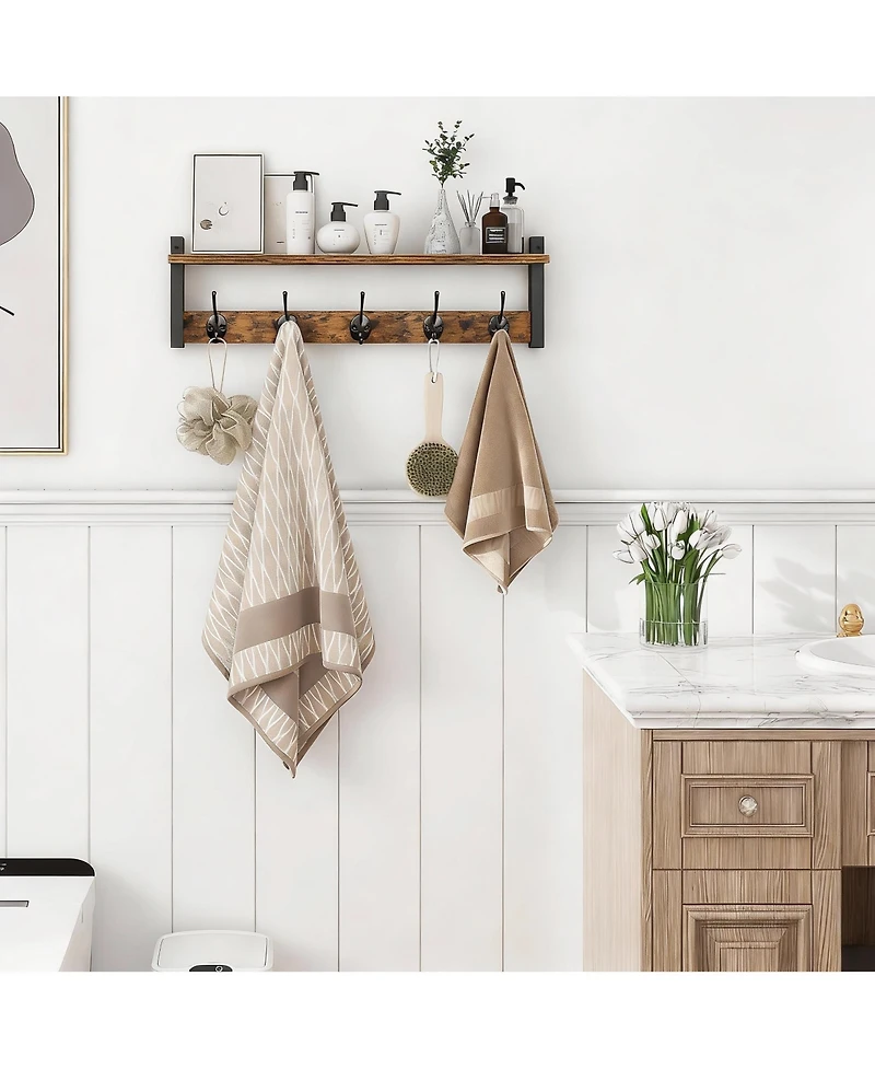 Yigii Rustic Brown & Black Wall Hook Rack with Shelf for Entryway, Hallway